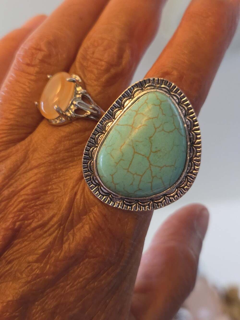 Artisan Faux Turquoise Silver Marbled Ring Size 9 Adjustable Statement Ring